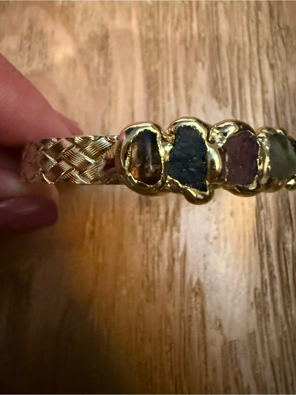 Gold Vermil Multi-Gem Stone Cuff Bracelet - Pink, Green, Blue art to wear - Picture 5 of 6